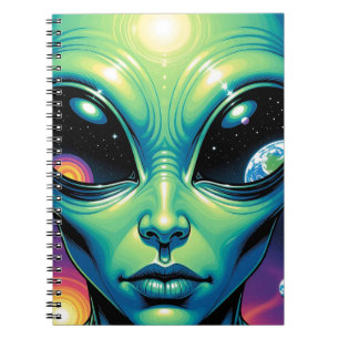 Alien Face with Planets Reflections in Eyes Notebook
