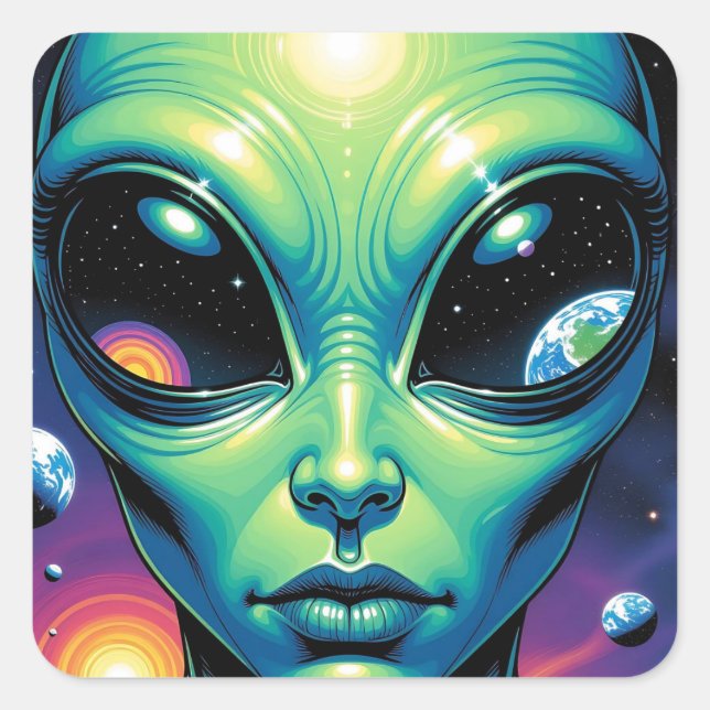 Alien Face with Planets Reflections in Eyes Square Sticker (Front)