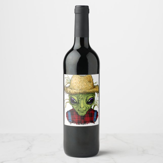 Alien Farmer UFO Alien Outer Space Lover Wine Label (Front)