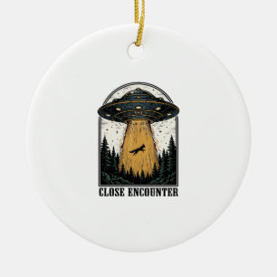 Alien Forest Abduction Vintage UFO Engraving Ceramic Ornament