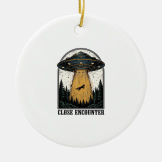 Alien Forest Abduction Vintage UFO Engraving Ceramic Ornament