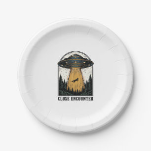 Alien Forest Abduction Vintage UFO Engraving Paper Plate