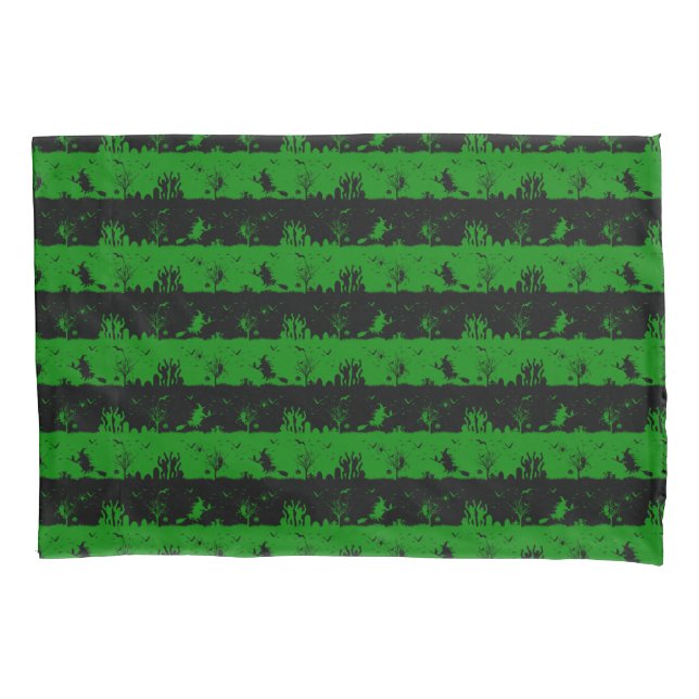 Alien Green and Black Halloween Nightmare Stripes Pillowcase (Front)