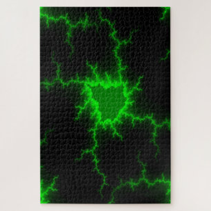 Alien Green Lightning Strikes in Pitch Black Jigsaw Puzzle