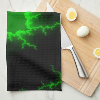 Alien Green Lightning Strikes in Pitch Black Kitchen Towel