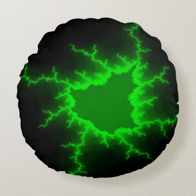 Alien Green Lightning Strikes in Pitch Black Round Pillow (Front)