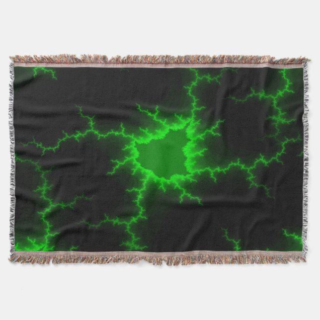 Alien Green Lightning Strikes in Pitch Black Throw Blanket (Front)