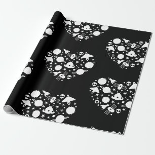 alien happy valentines day heart white wrapping paper