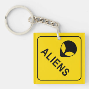 Alien Head, Alien Invasion Warning Sign Keychain