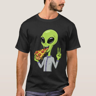 Alien Head Eating Pizza UFO Extraterrestrial Snack T-Shirt