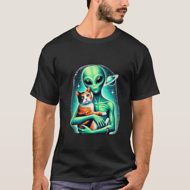 Alien Holding Calico Cat T-Shirt (Front)