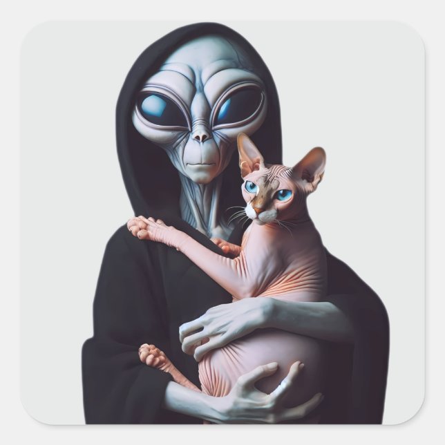 Alien Hugging Sphynx Cat Ufo Abduction Area 51 Square Sticker (Front)