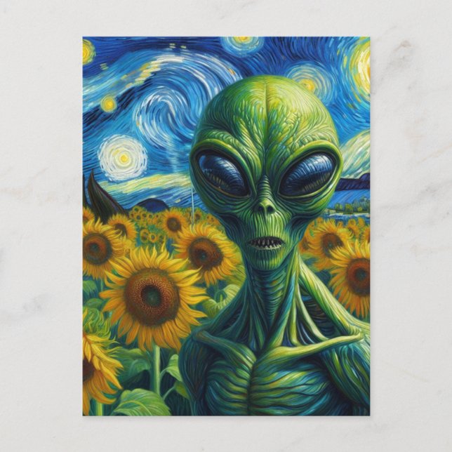 Alien in a Faux Van Gogh Sunflower Field Postcard (Front)