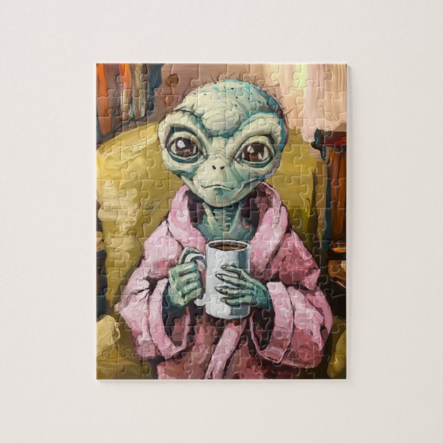 Alien in a Pink Robe With Coffee Jigsaw Puzzle (Vertical)