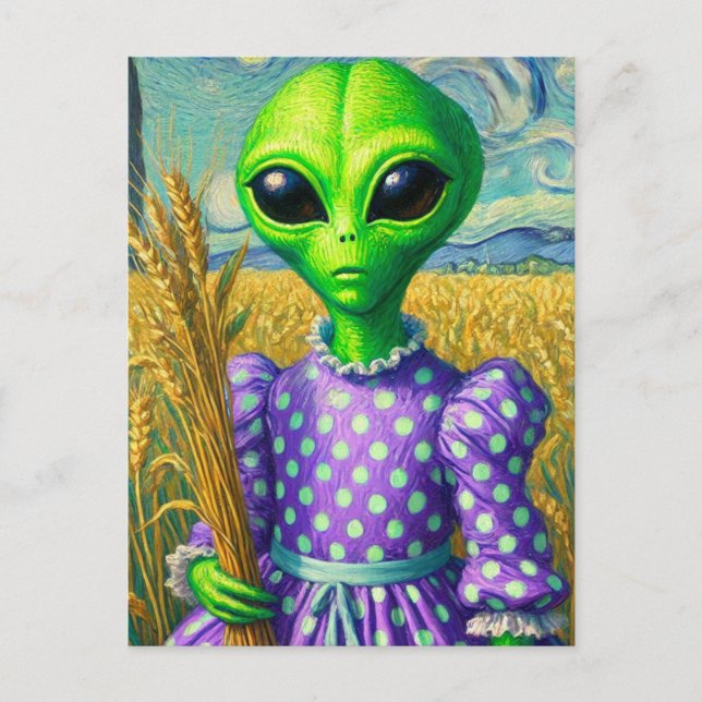 Alien in a Polka Dot Dress in Wheat Field Postcard (Front)