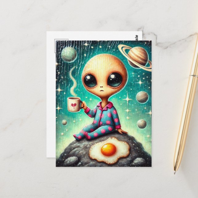 Alien in Blue and Pink PJs with a Coffee and Egg Postcard (Front/Back In Situ)