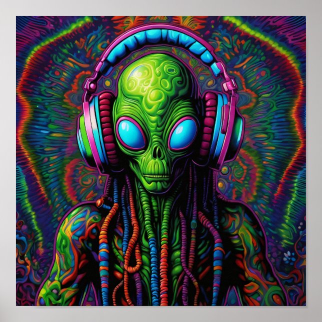 Alien in headphones art  poster (Front)