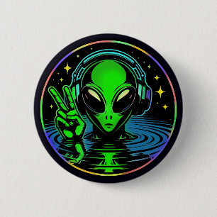 Alien in Headphones giving Peace Sign  2 Inch Round Button