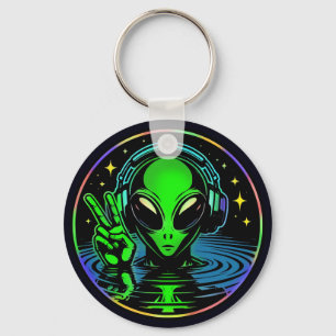 Alien in Headphones giving Peace Sign Personalized Keychain