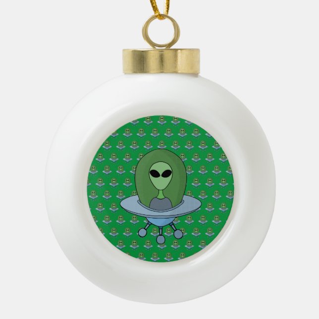 Alien in his little spaceship ceramic ball christmas ornament (Front)