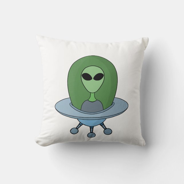 Alien in his little spaceship throw pillow (Front)