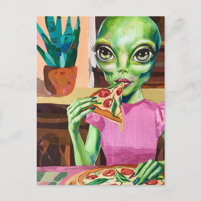 Alien in Pink Eating Pizza Postcard (Front)