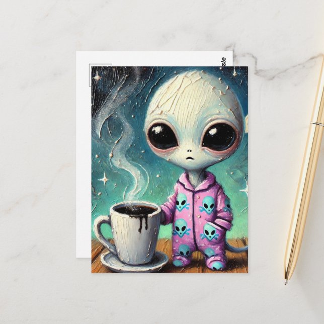 Alien in PJs with a Coffee Postcard (Front/Back In Situ)