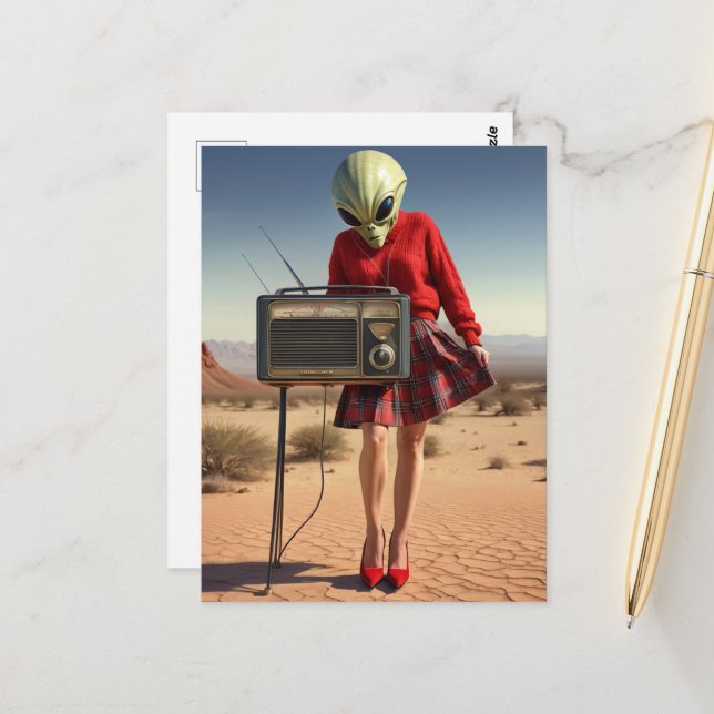 Alien in Red Plaid Skirt With Radio in the Desert Postcard (Front/Back In Situ)