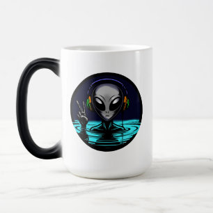 Alien in Water with Headphones giving Peace Sign Magic Mug