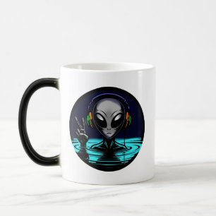 Alien in Water with Headphones giving Peace Sign Magic Mug