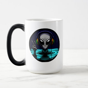 Alien in Water with Headphones giving Peace Sign Magic Mug