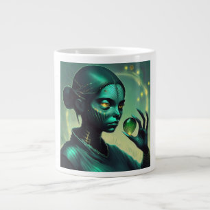 Alien Lady Holds Transparent Glass Object Large Coffee Mug