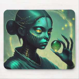 Alien Lady Holds Transparent Glass Object Mouse Pad
