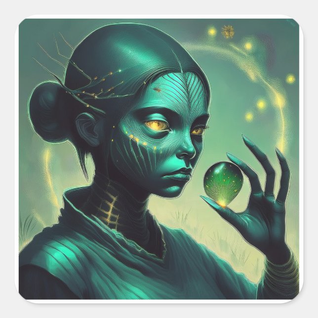 Alien Lady Holds Transparent Glass Object  Square Sticker (Front)