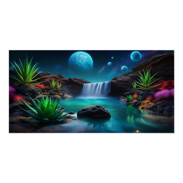  Alien Landscape Waterfall and Moons Poster (Front)