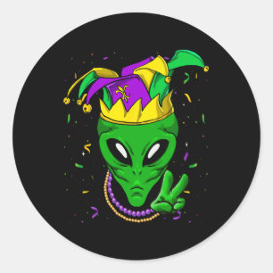 Alien Mardi Gras Carnival Jester  Classic Round Sticker