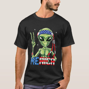 Alien Merica 4th of July Tshirt Men American Flag