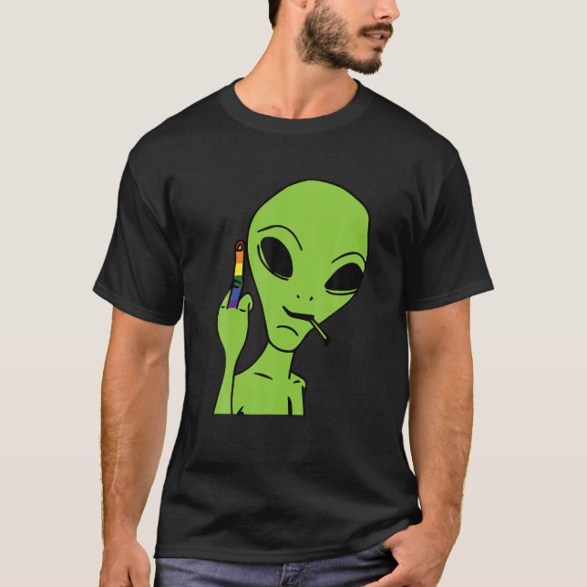 Alien Middle Finger Gay Pride LGBQ Proud Ally Rain T-Shirt (Front)