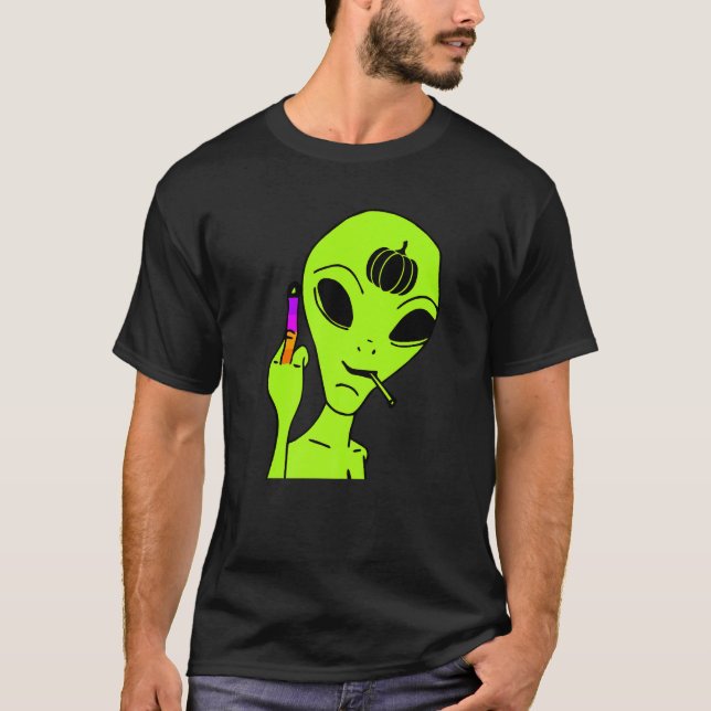 Alien Middle Finger Lazy Halloween Costume  Ufo Pu T-Shirt (Front)