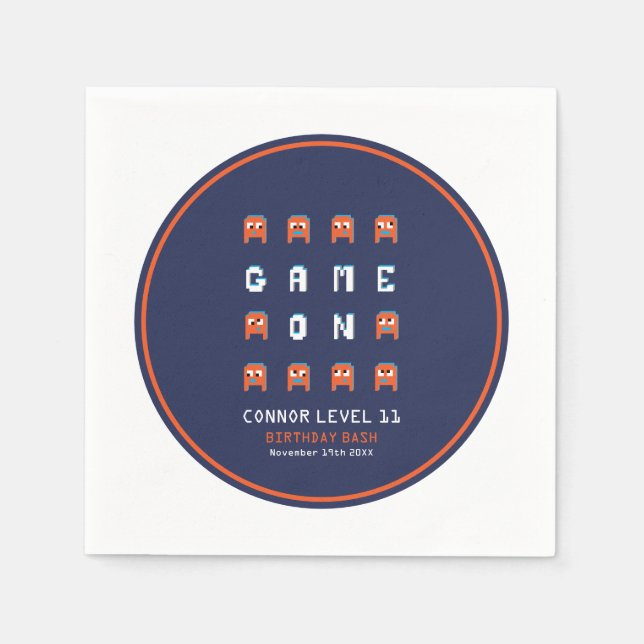 Alien monsters orange video gaming birthday party napkin (Front)