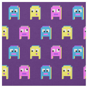 Alien monsters pixel graphic pink yellow blue fabric