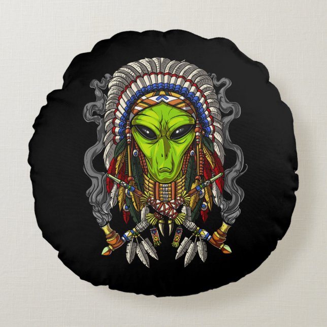Alien Native American Chief Round Pillow (Front)