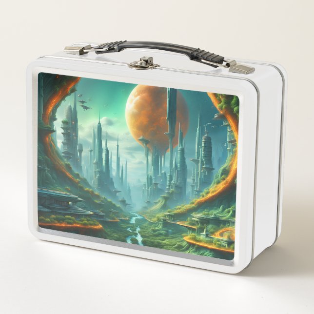 Alien Nature & Futuristic City Surreal Sci-Fi Art Metal Lunch Box (Front)