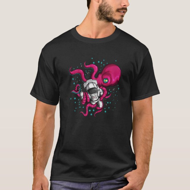 Alien Octopus Holds Astronaut Cosmonaut Space Fish T-Shirt (Front)
