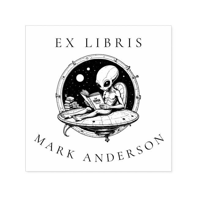 Alien on Spaceship Reading Human Books Ex Libris Self-inking Stamp (Design)