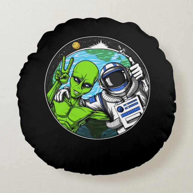 Alien Peace Sign Space Astronaut Round Pillow (Front)
