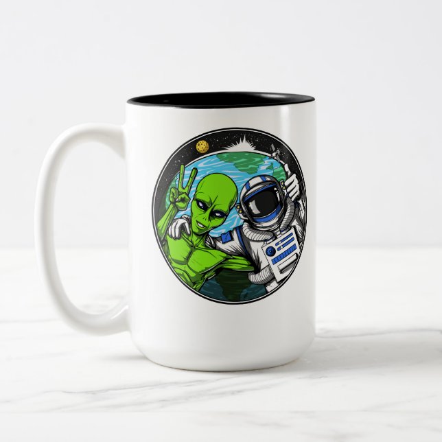 Alien Peace Sign Space Astronaut Two-Tone Coffee Mug (Left)