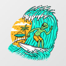 Alien Peace Sign Surfing UFO Parked On The Beach