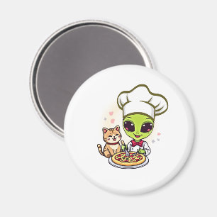 Alien Pizza Chef Cat Cartoon Art Magnet