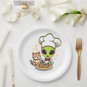 Alien Pizza Chef Cat Cartoon Art Paper Plate